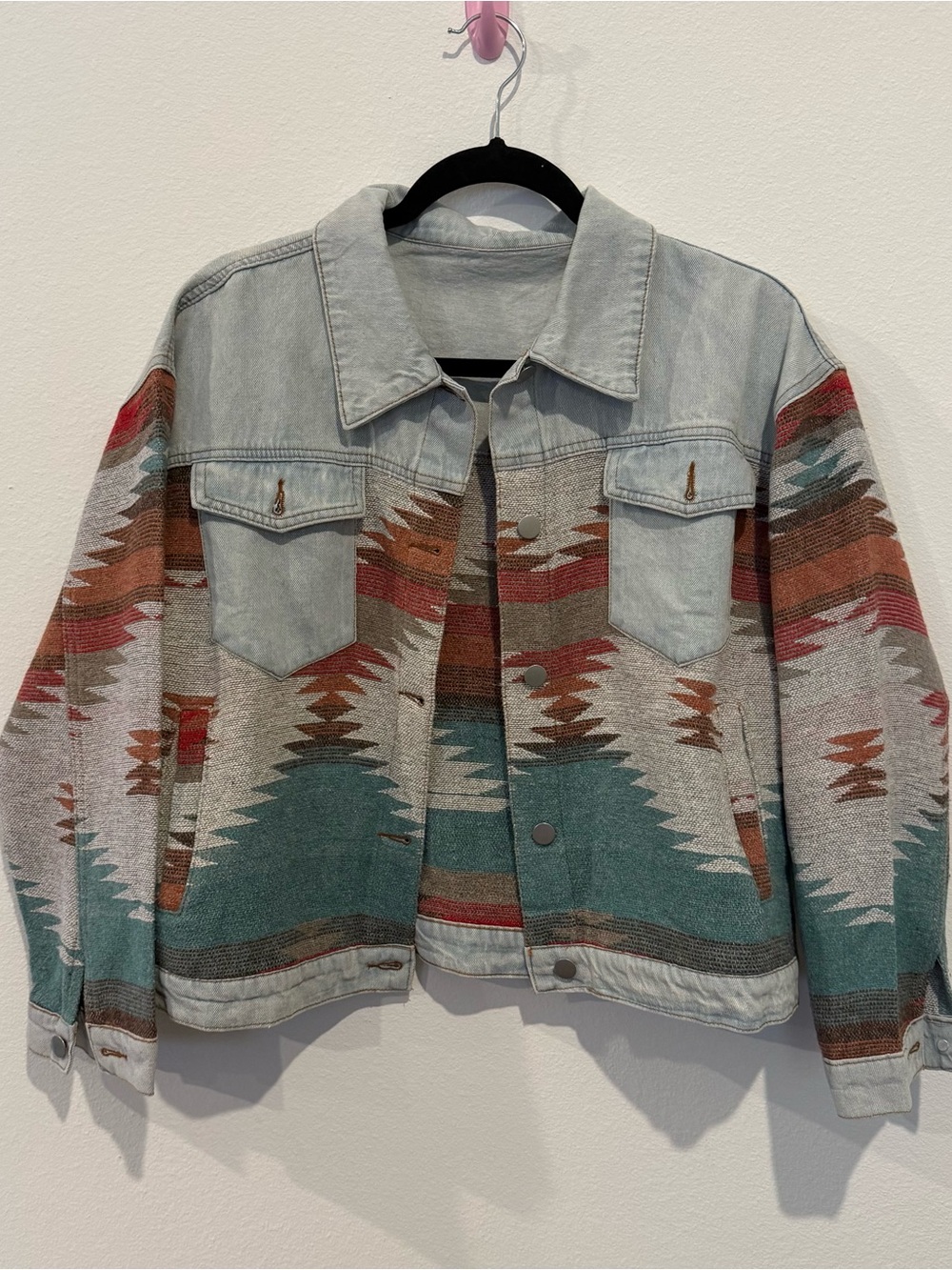 Light Wash Denim Jacket with Southwestern Teal & Rust Pattern size medium/large